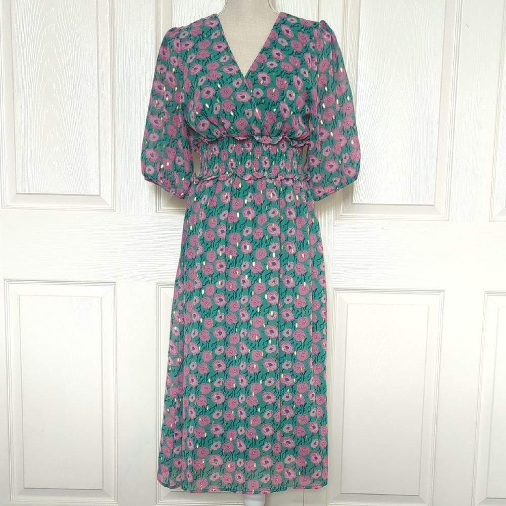 Melrose and Market Green and Pink Floral Midi Dress